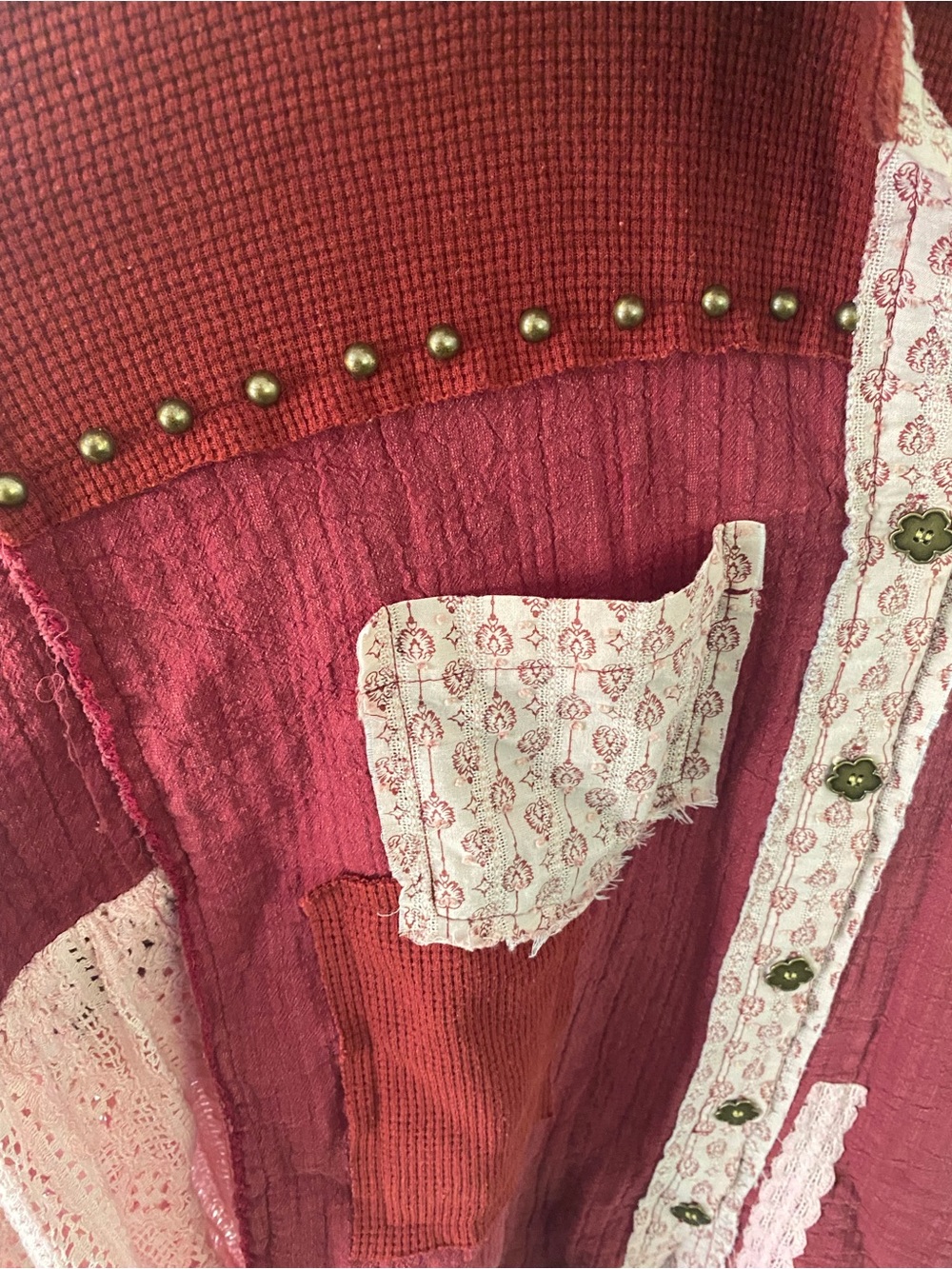 POL Brand Boho Patchwork Button-Up Blouse in Deep Red and Dusty Pink - Picture 3 of 5